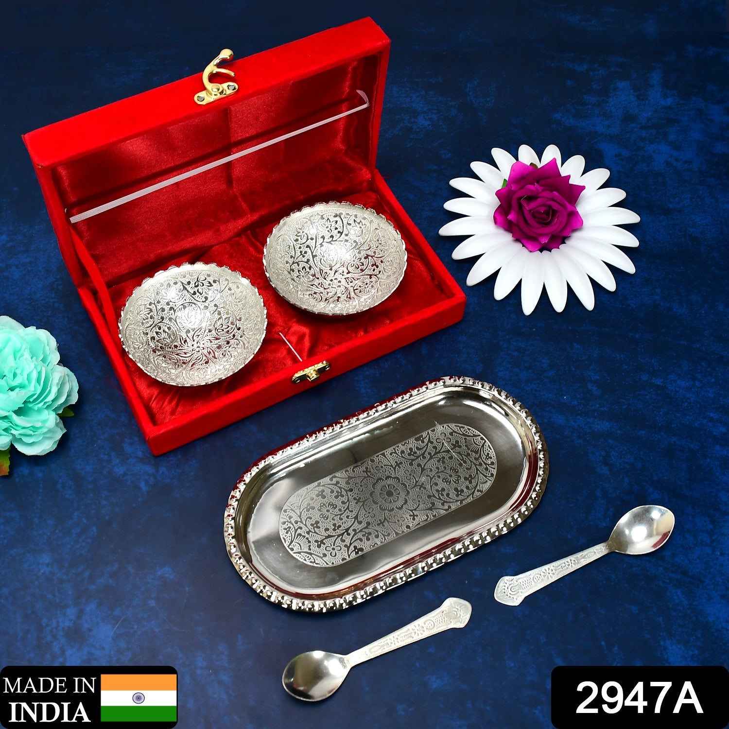 2947A Silver Plated 2 Bowl 2 Spoon Tray Set Brass with Red Velvet Gift Box Serving Dry Fruits Desserts Gift DeoDap 2947A Silver Plated 2 Bowl 2 Spoon Tray Set Brass with Red Velvet Gift Box Serving Dry Fruits Desserts Gift DeoDap